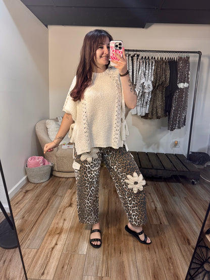 Leopard Print Barrel Pants with Crochet Floral Patches