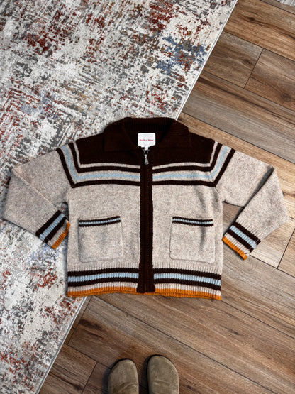 western graphic zipped cardigan chocolate fall fashion stripes