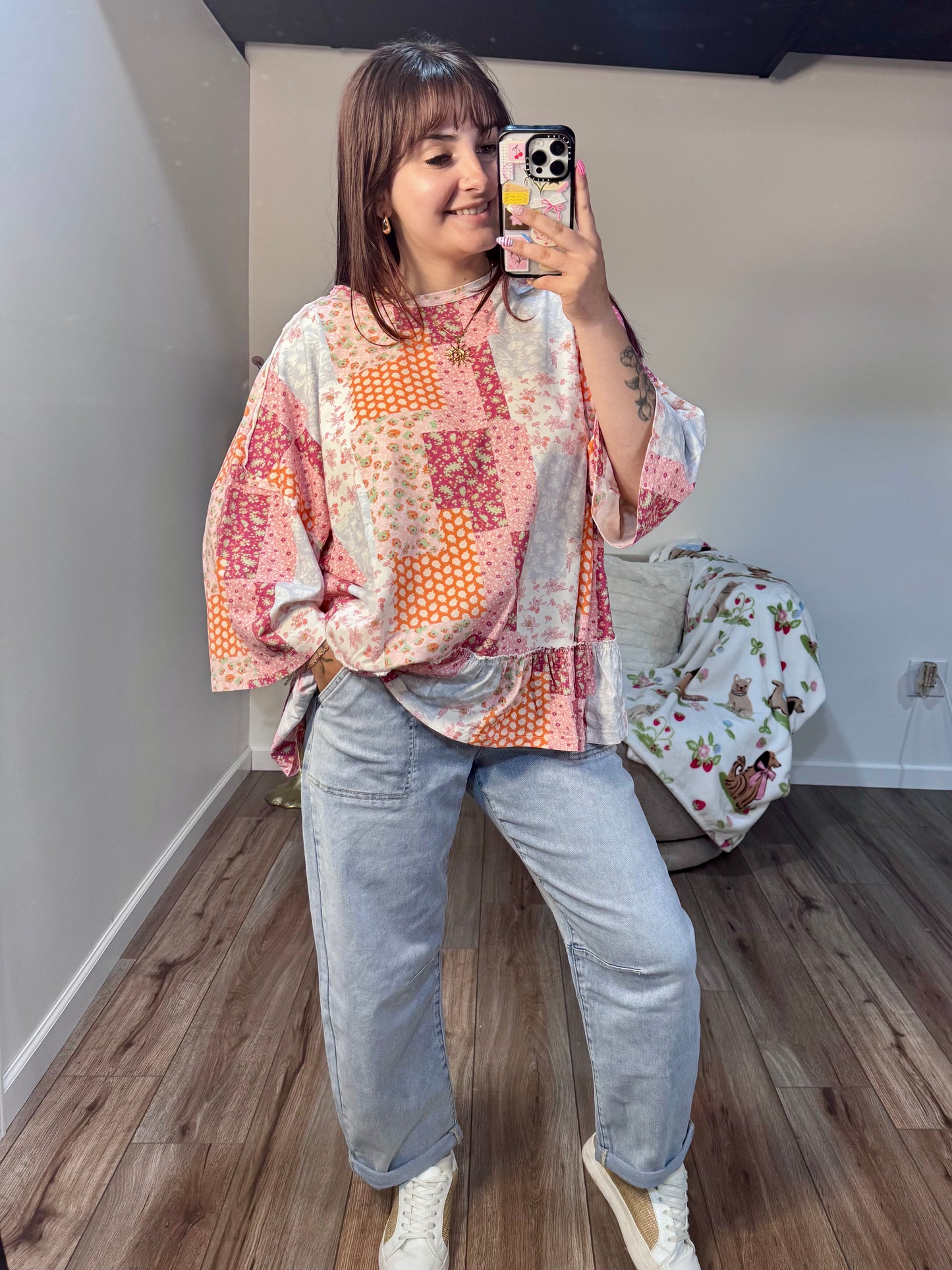patchwork pattern easel cotton peplum top