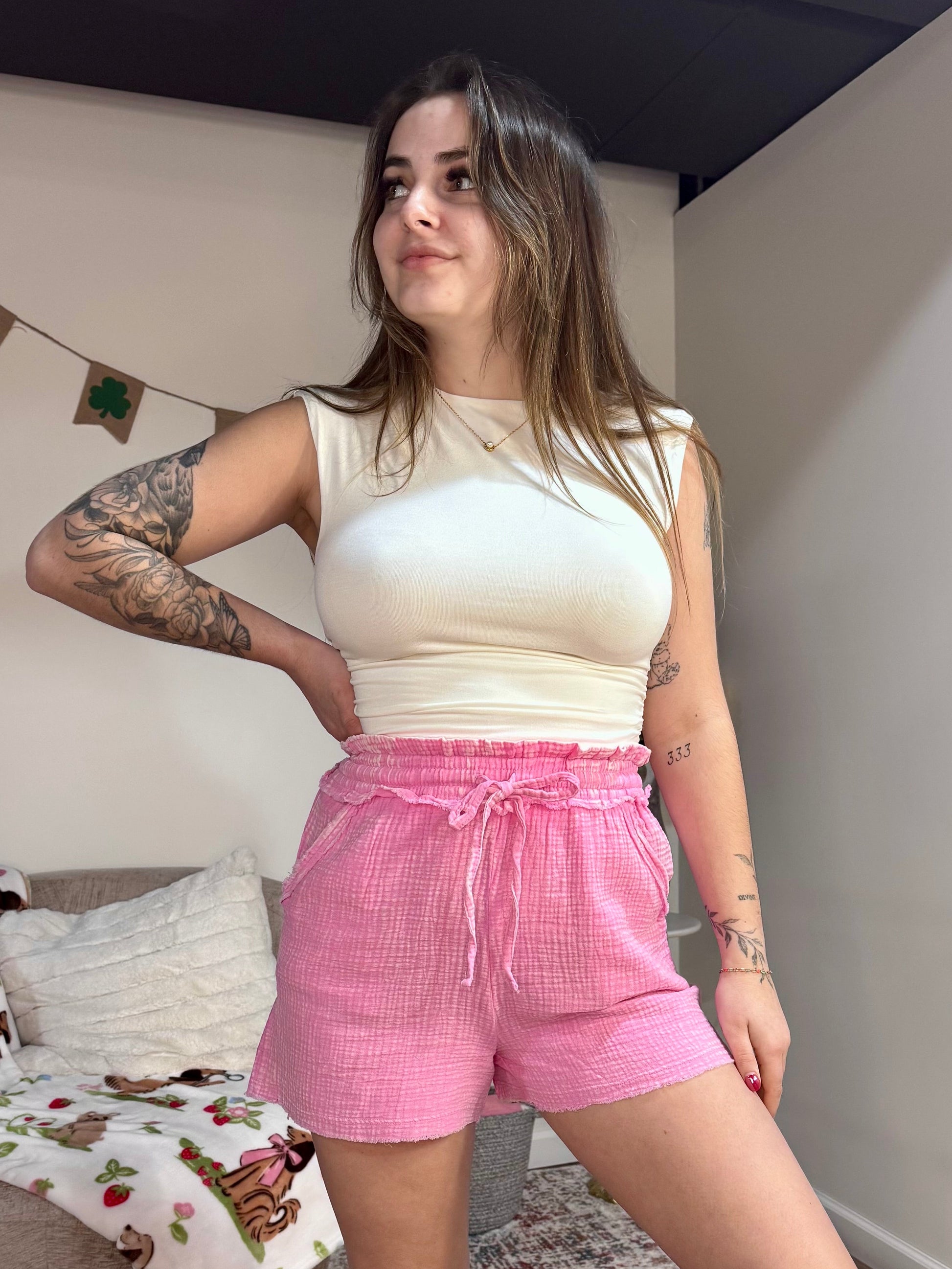 white ruched sleeveless summer women's top, pink gauze linen shorts