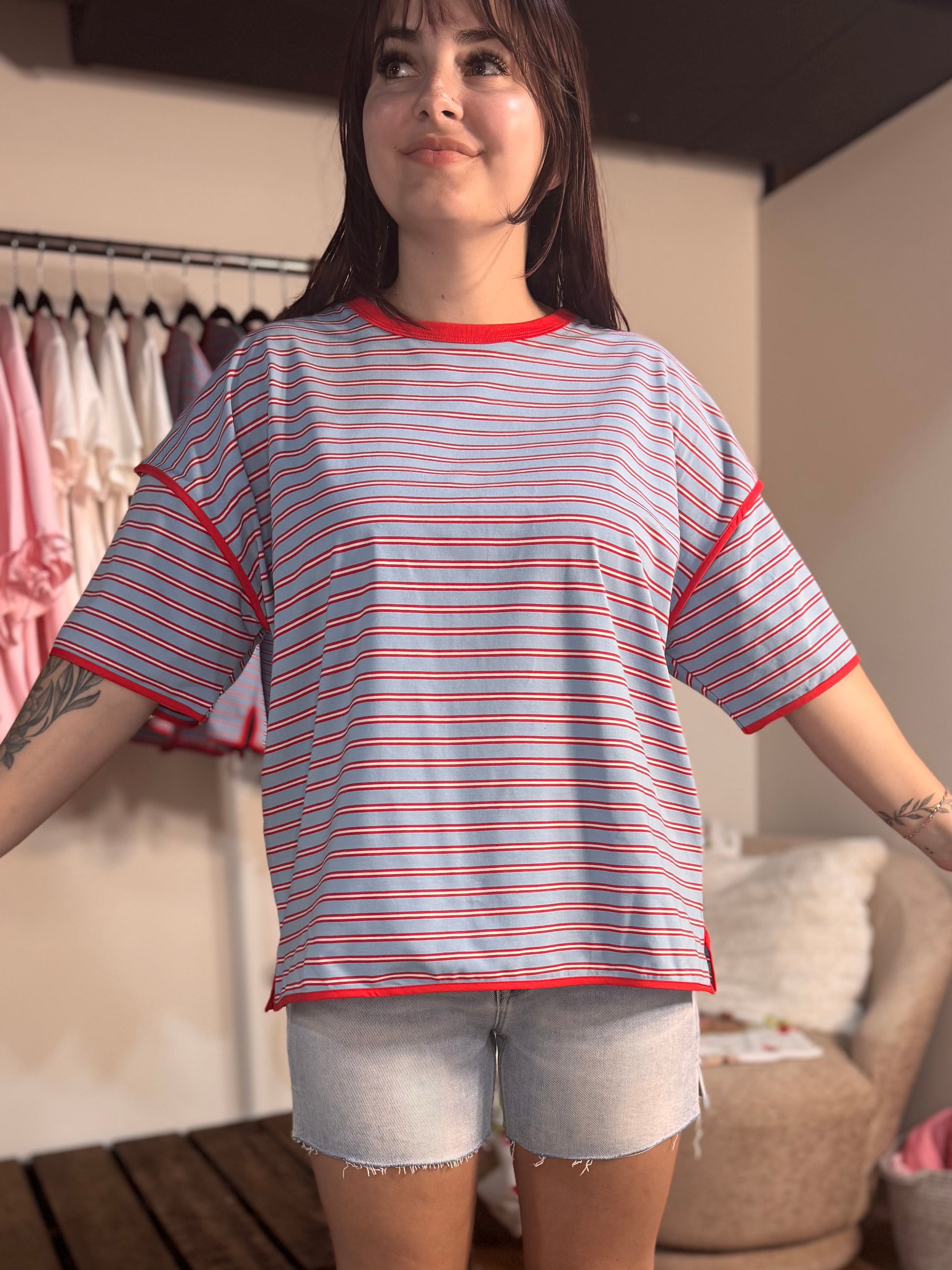 Clara Contrast Striped Tee | Casual Boxy Striped Top for Women