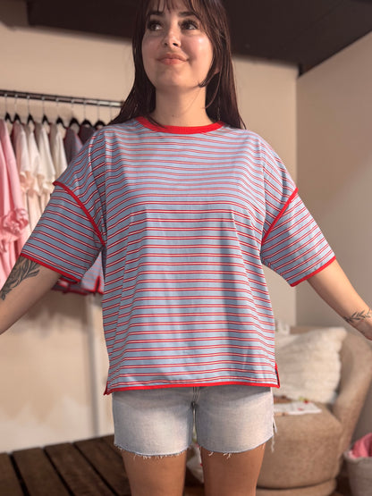 Clara Contrast Striped Tee | Casual Boxy Striped Top for Women