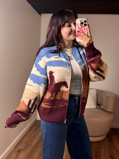 Sienna Desert Jacquard Bomber Sweater, Multi-Color