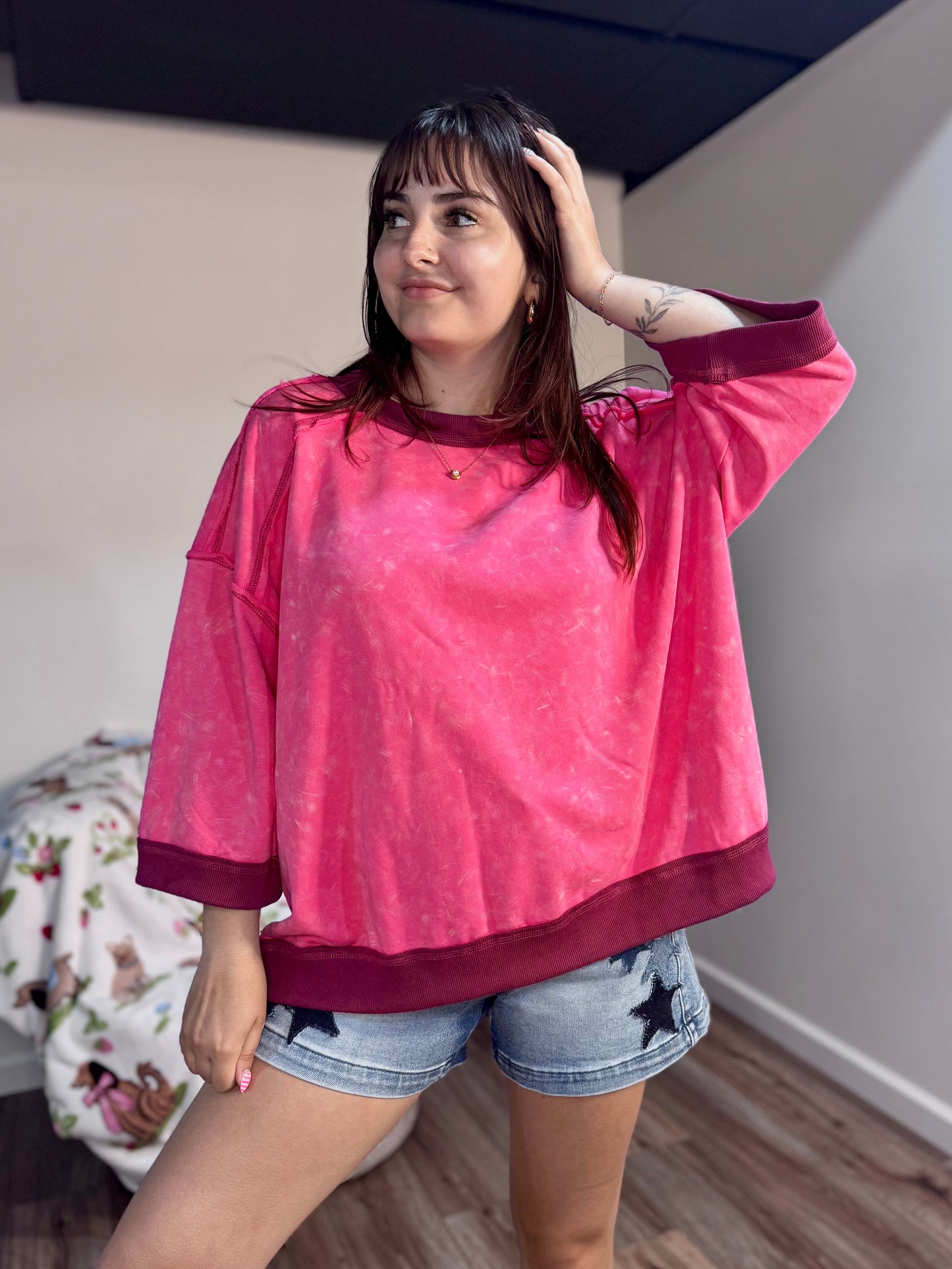 pink oversized washed Terry knit sweatshirt top