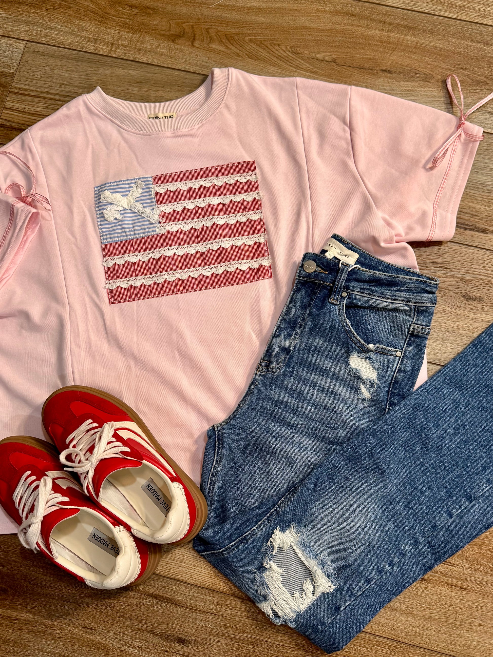 Patriotic Ribbon Flag Top | Pink Fourth of July Oversized Shirt