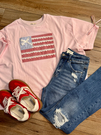 Patriotic Ribbon Flag Top | Pink Fourth of July Oversized Shirt