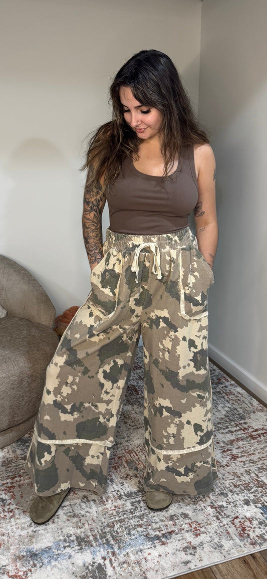 terry knit camo wide leg sweatpants