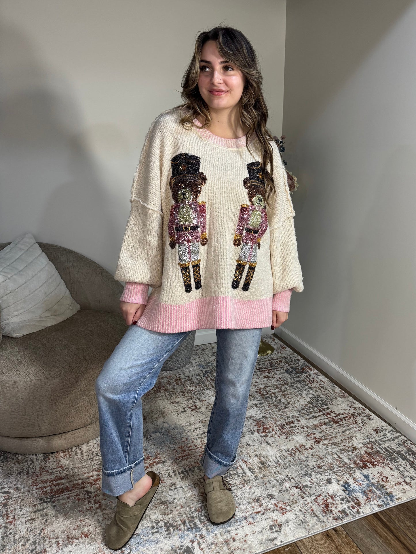 cream teddy bear sequin sweater pink slub knit christmas nutcracker