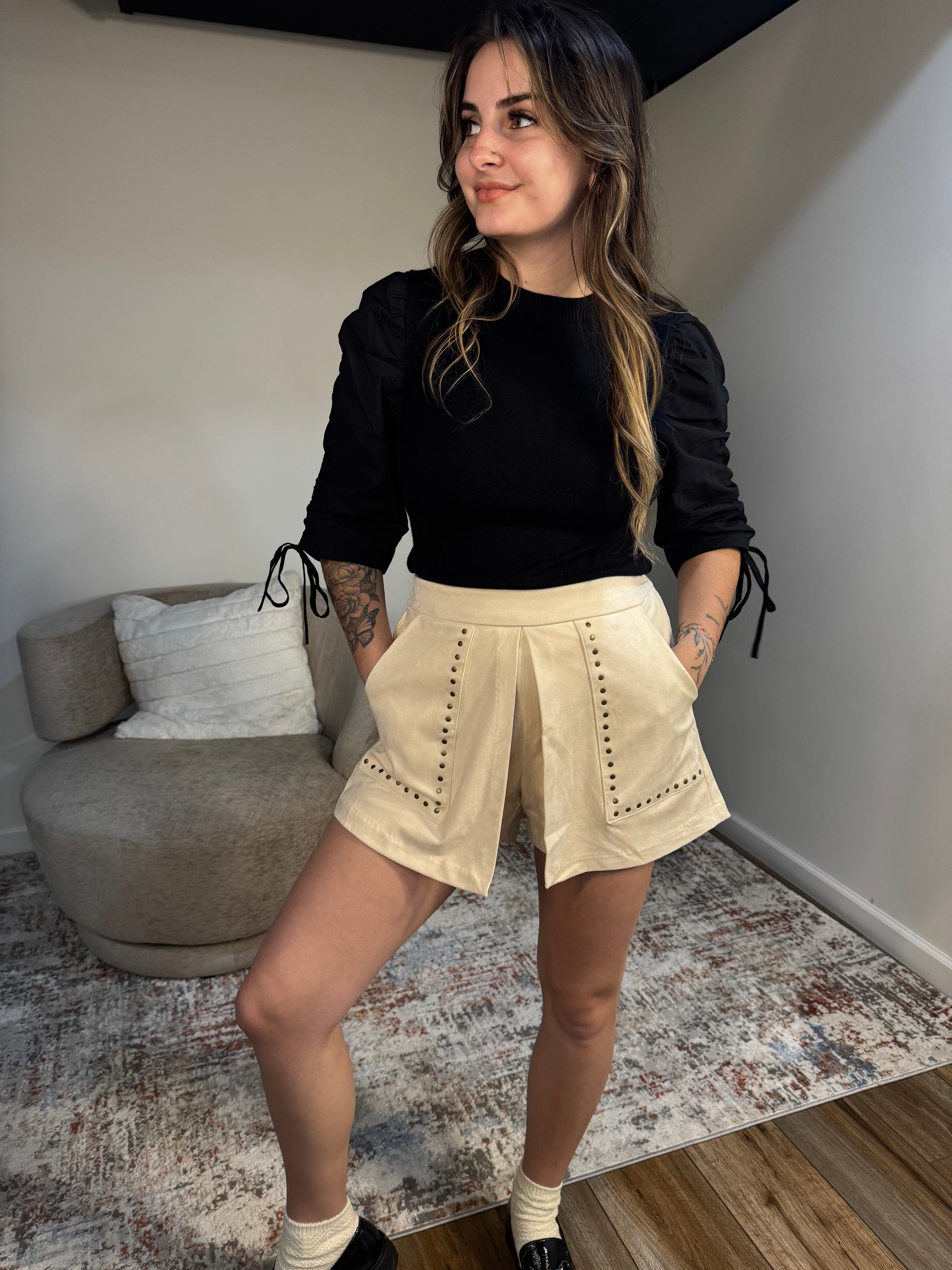 black mixed media sweater ruched puff sleeve 