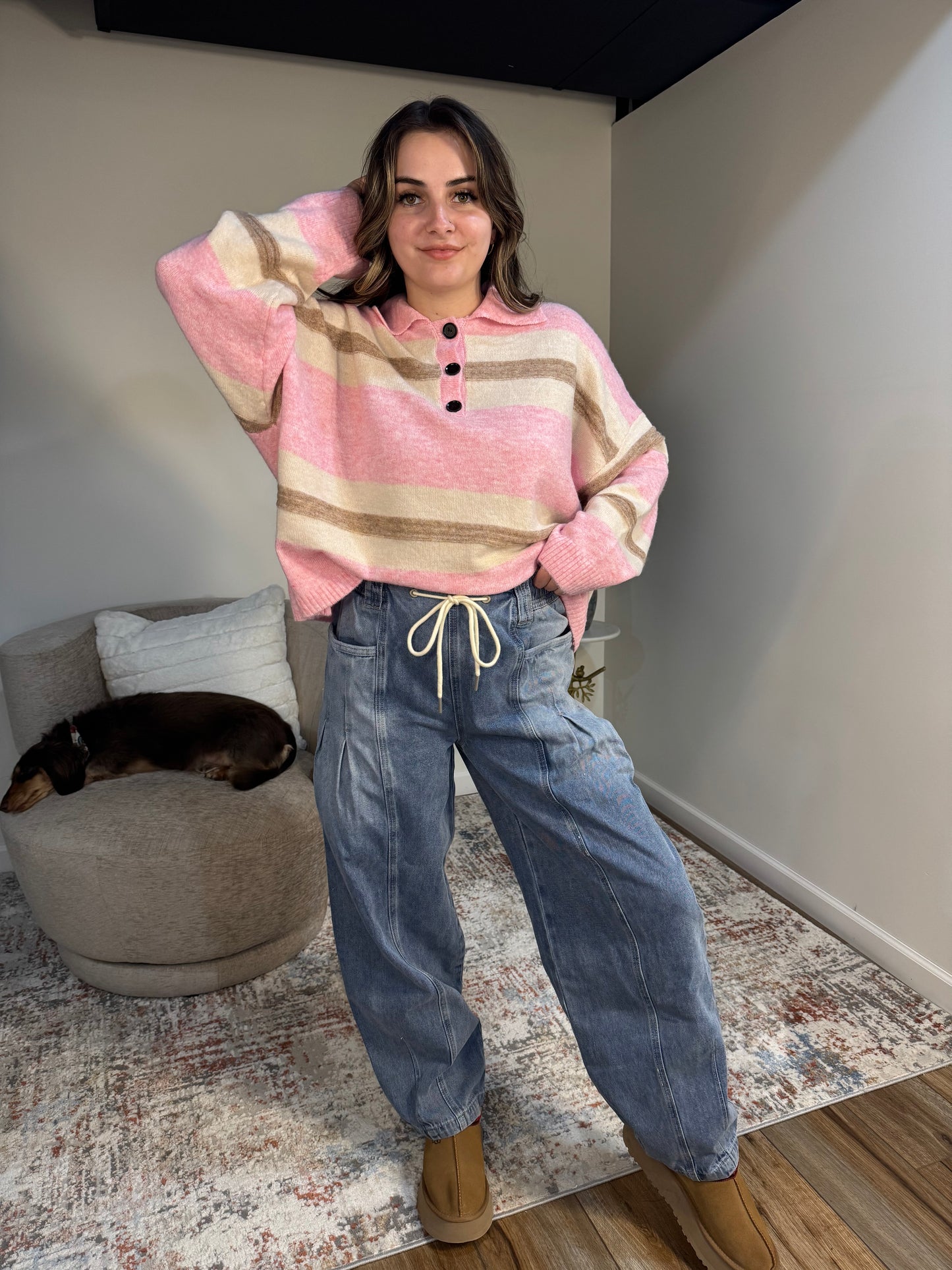 pink and brown Striped Rugby Sweater