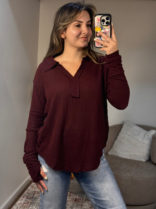 Burgundy Brushed waffle henley top