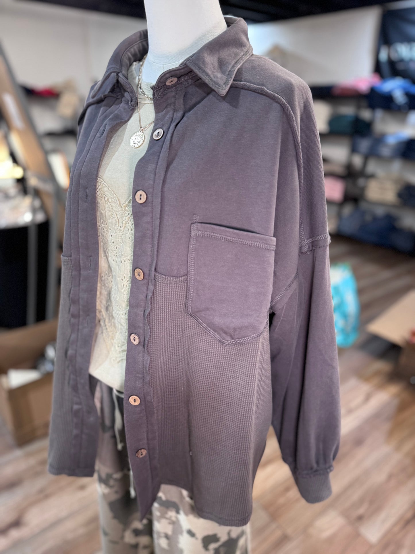 Judie Acid Wash Mixed Media Shacket