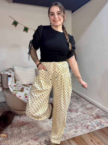 cream and black polka dot tie waist linen barrel spring womens' pants
