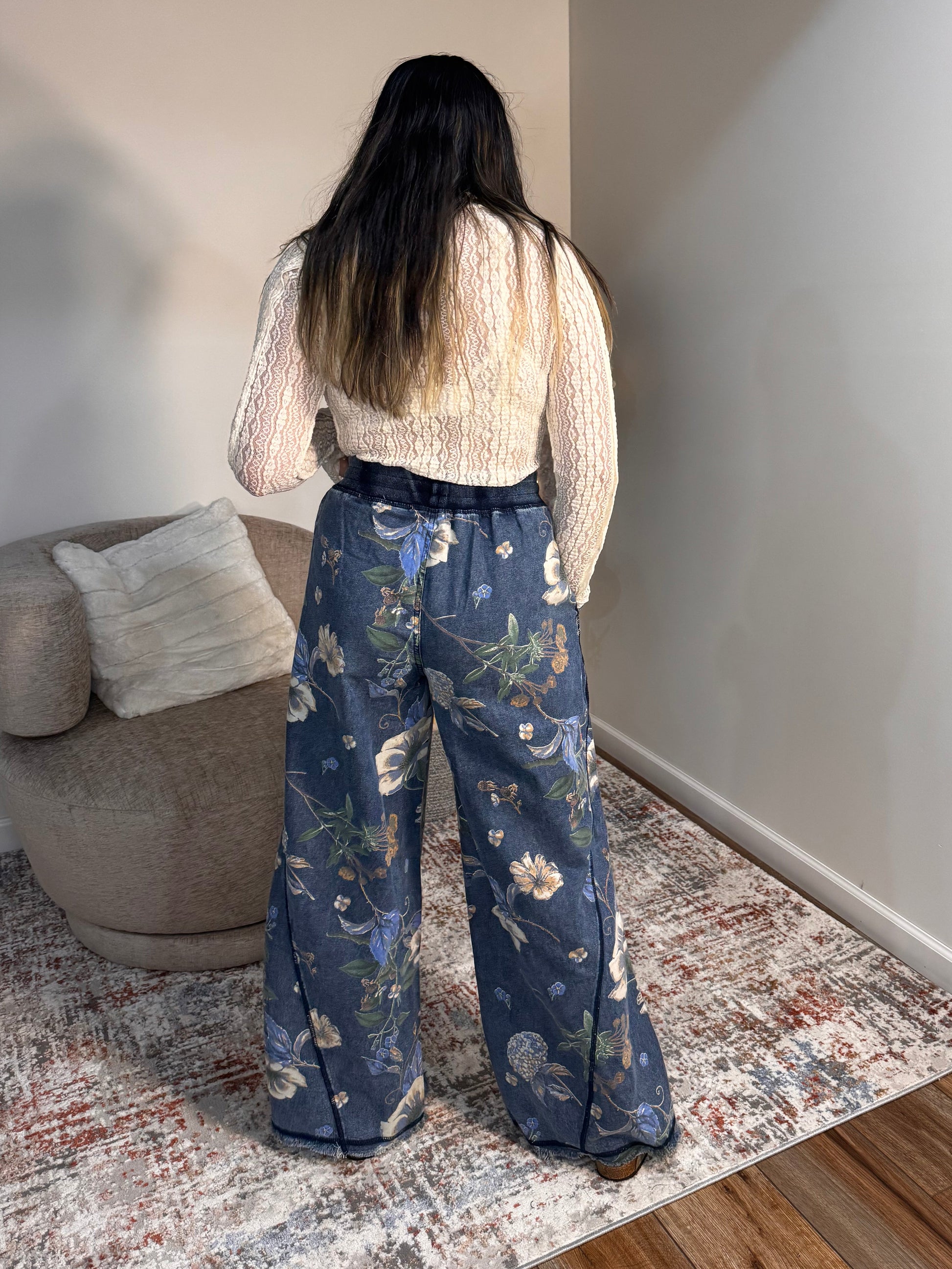 floral denim elastic waist wide leg