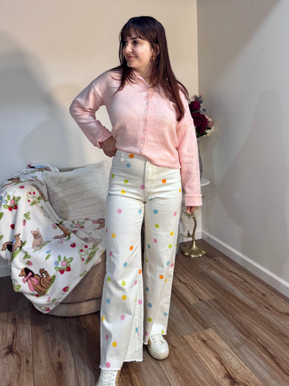 COMFORT STRETCH PASTEL POLKA DOT WIDE LEG JEANS