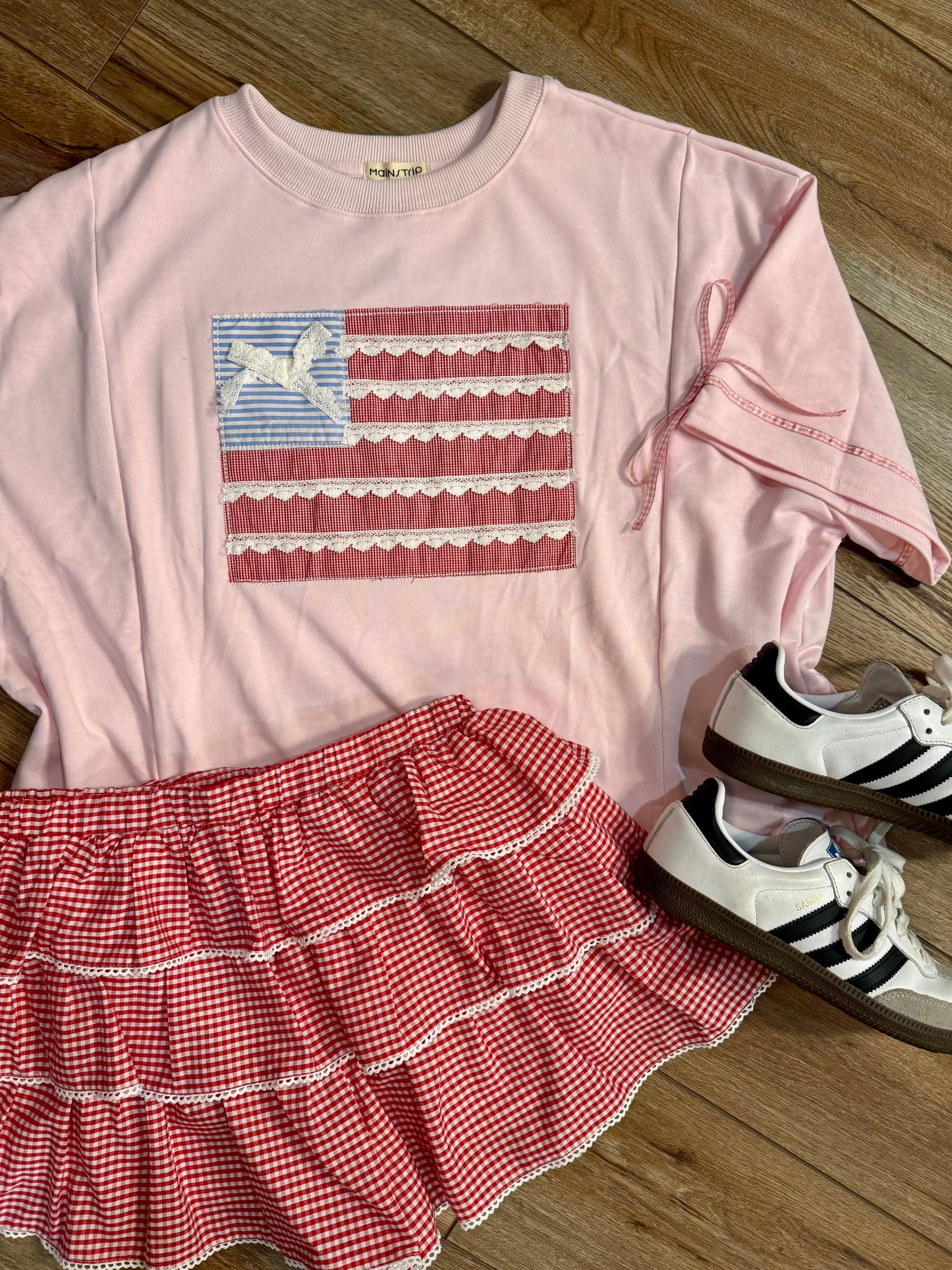 Patriotic Ribbon Flag Top | Pink Fourth of July Oversized Shirt