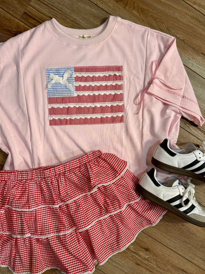 Patriotic Ribbon Flag Top | Pink Fourth of July Oversized Shirt