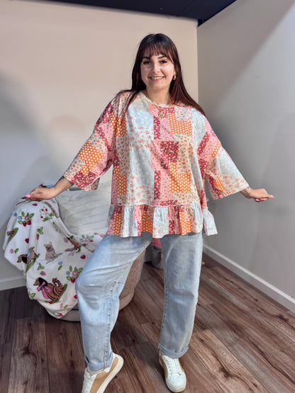 patchwork pattern easel cotton peplum top