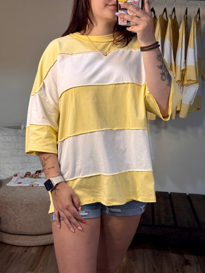butter yellow and white striped slouchy boxy tee