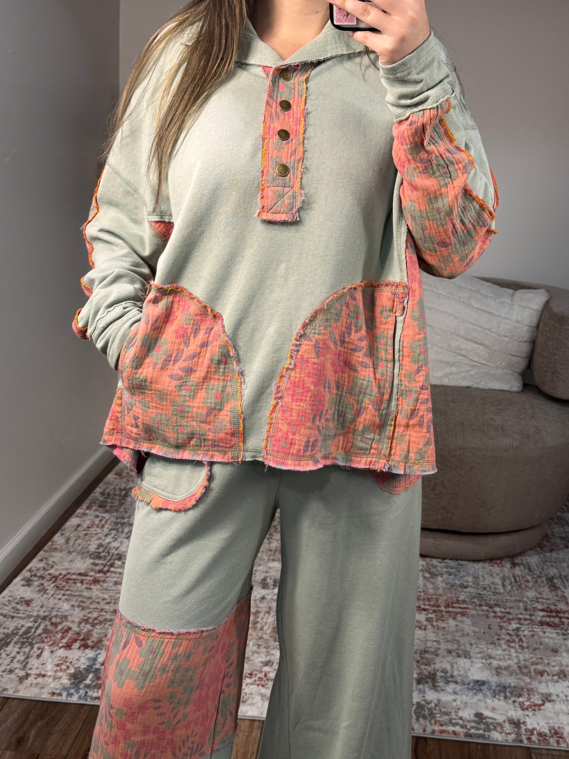 floral mineral washed gauze patchwork terry knit lounge set boho 