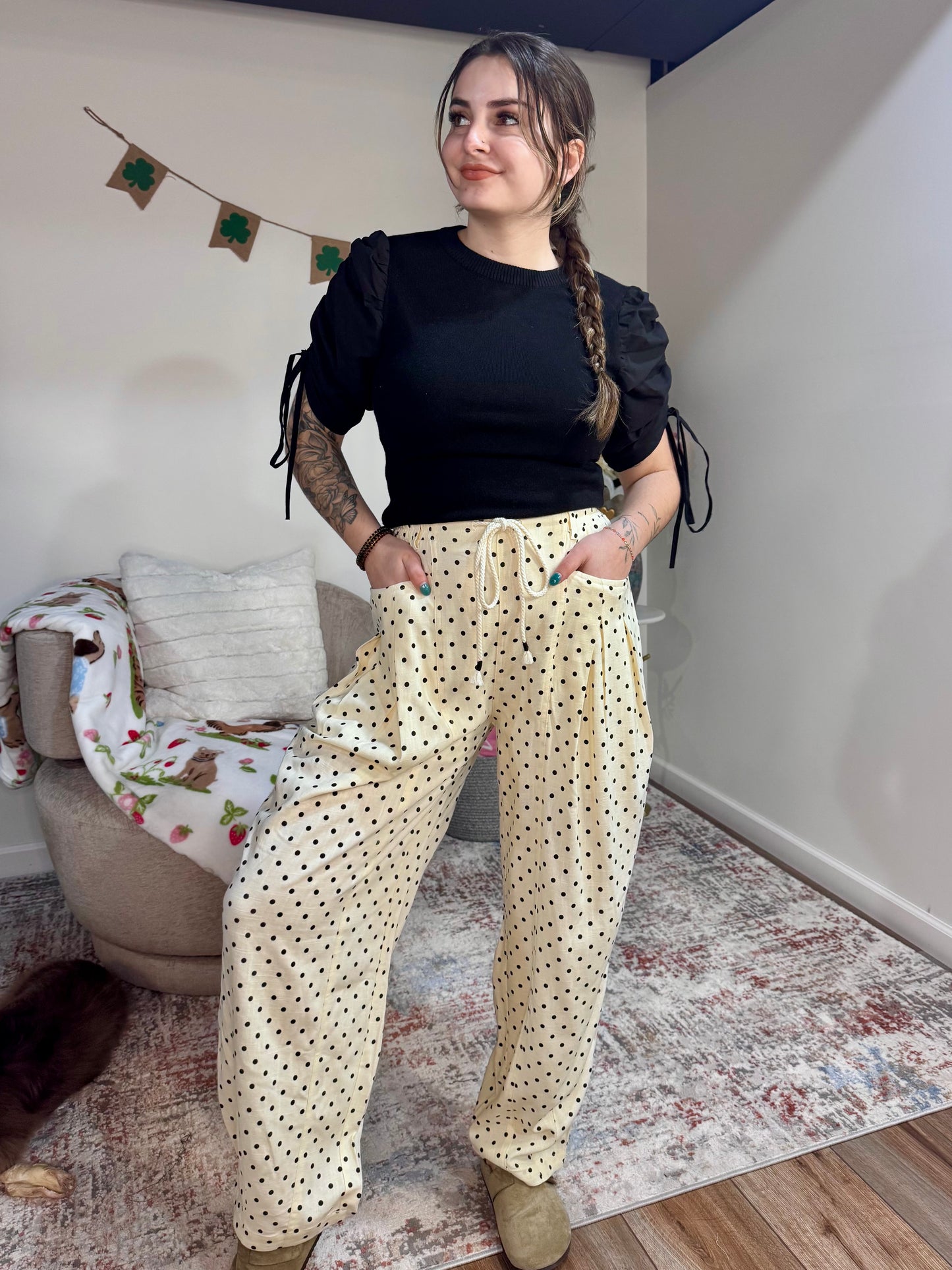 cream and black polka dot tie waist linen barrel spring womens' pants