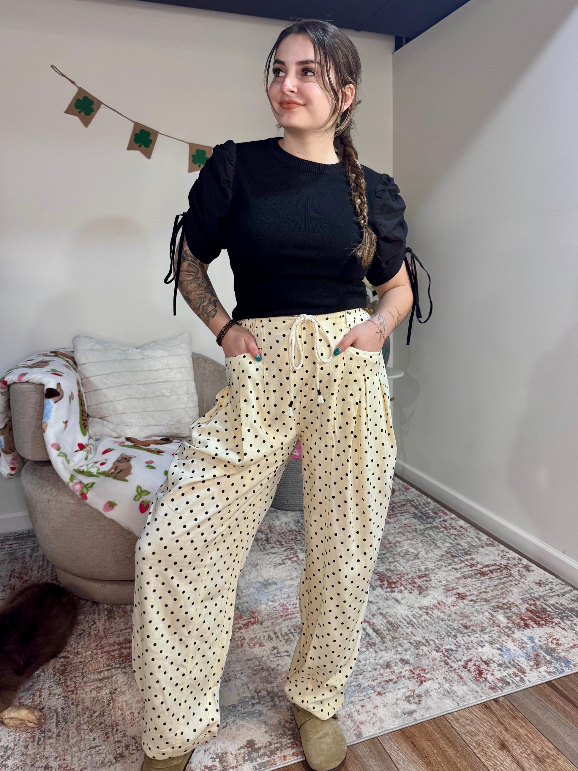 cream and black polka dot tie waist linen barrel spring womens' pants