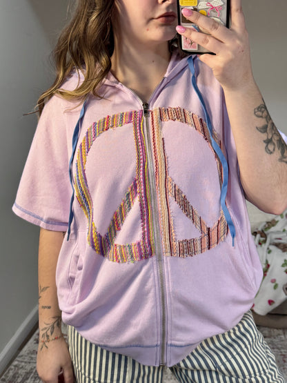 Light Purple Peace  Patch Zip Up Short Sleeve Hoodie