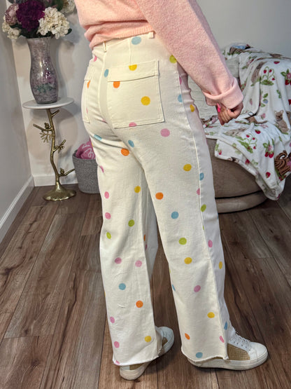 COMFORT STRETCH PASTEL POLKA DOT WIDE LEG JEANS