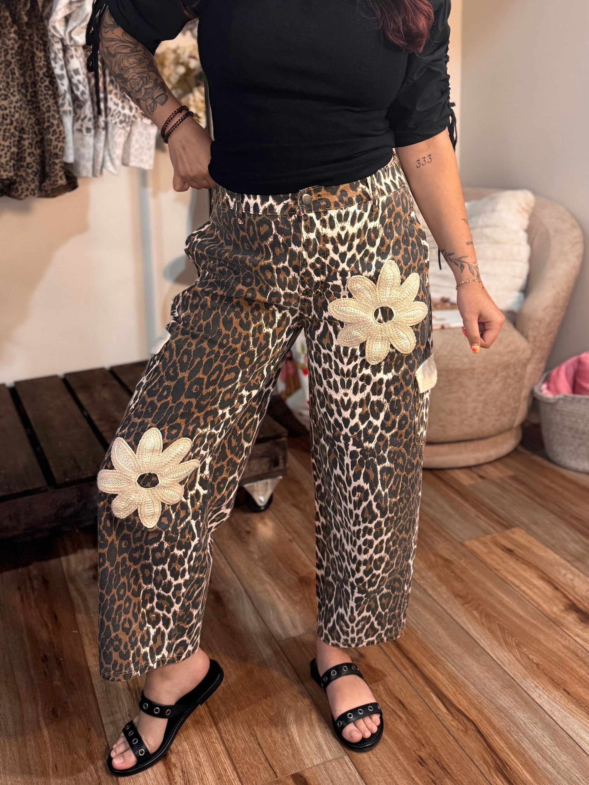 Leopard Print Barrel Pants with Crochet Floral Patches