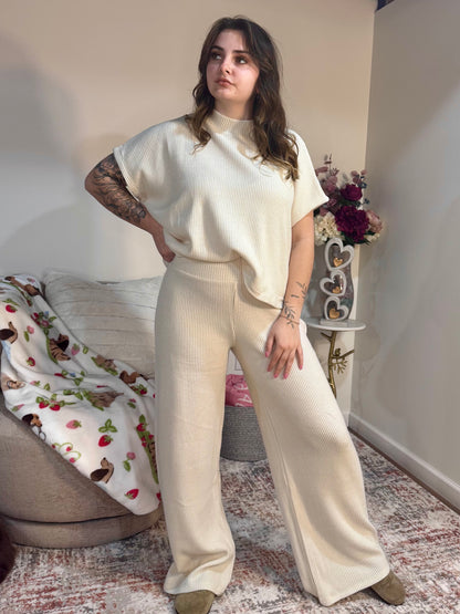 Matching Knit Cream wide leg Lounge Set 