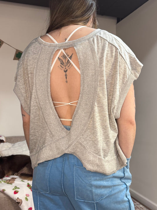 light gray workout top keyhole back stretchy cropped top