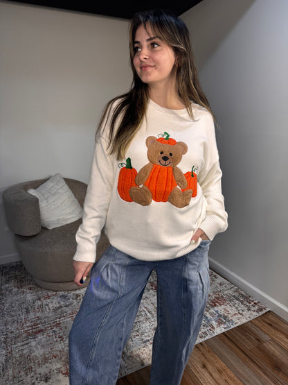 Pumpkin Teddy Bear Patchwork Sweater