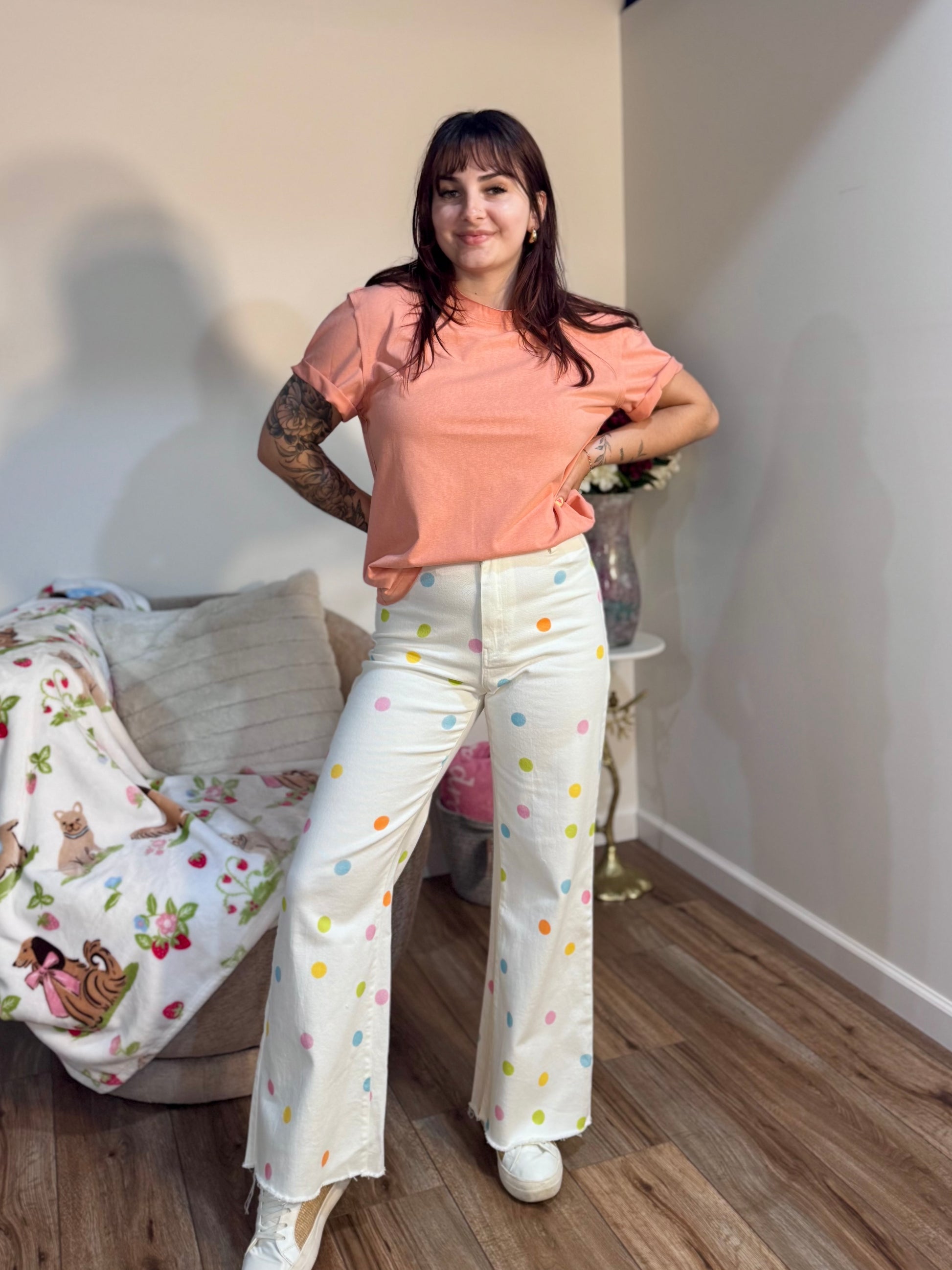 COMFORT STRETCH PASTEL POLKA DOT WIDE LEG JEANS