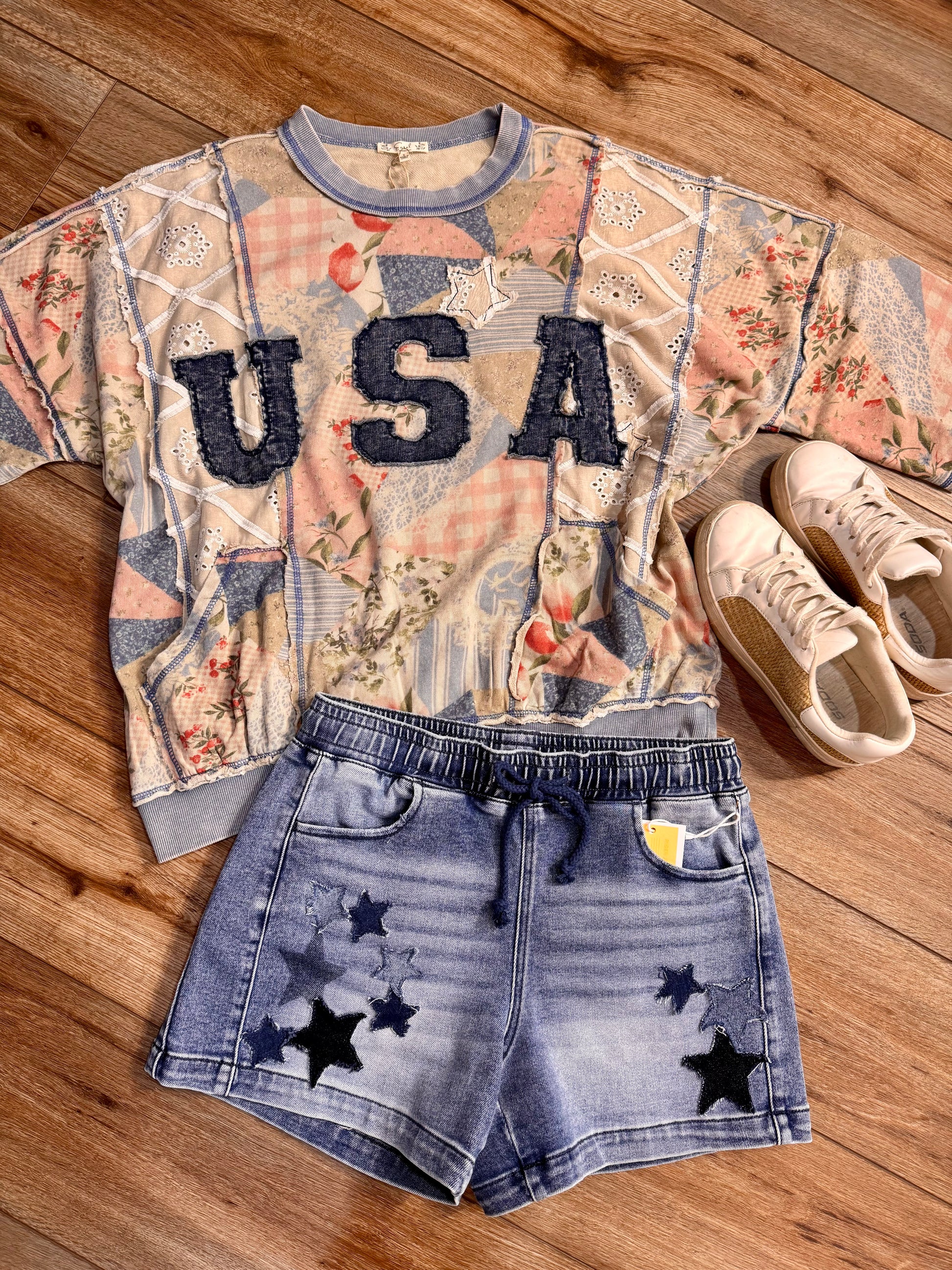 USA Patchwork Terry Pullover | Oversized Patriotic Graphic Sweatshirt