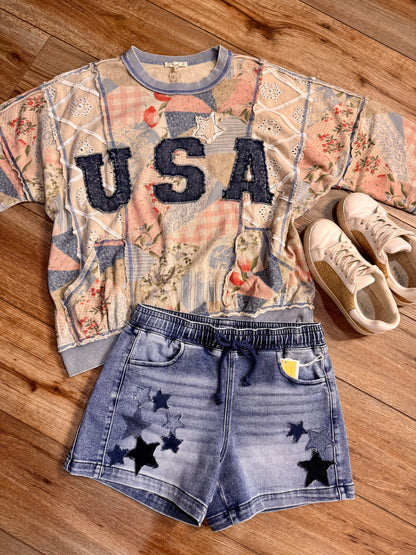 USA Patchwork Terry Pullover | Oversized Patriotic Graphic Sweatshirt