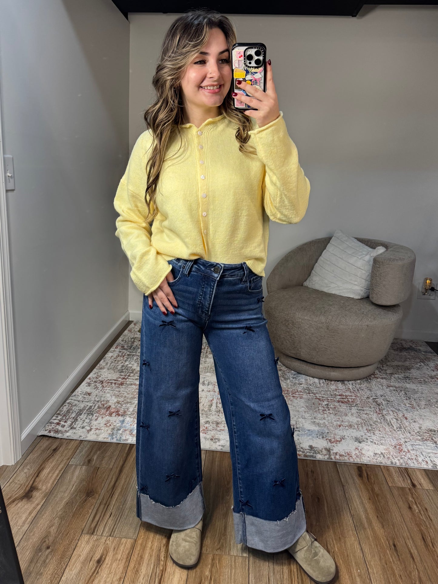 high rise wide leg cropped cuffed jeans with bows 