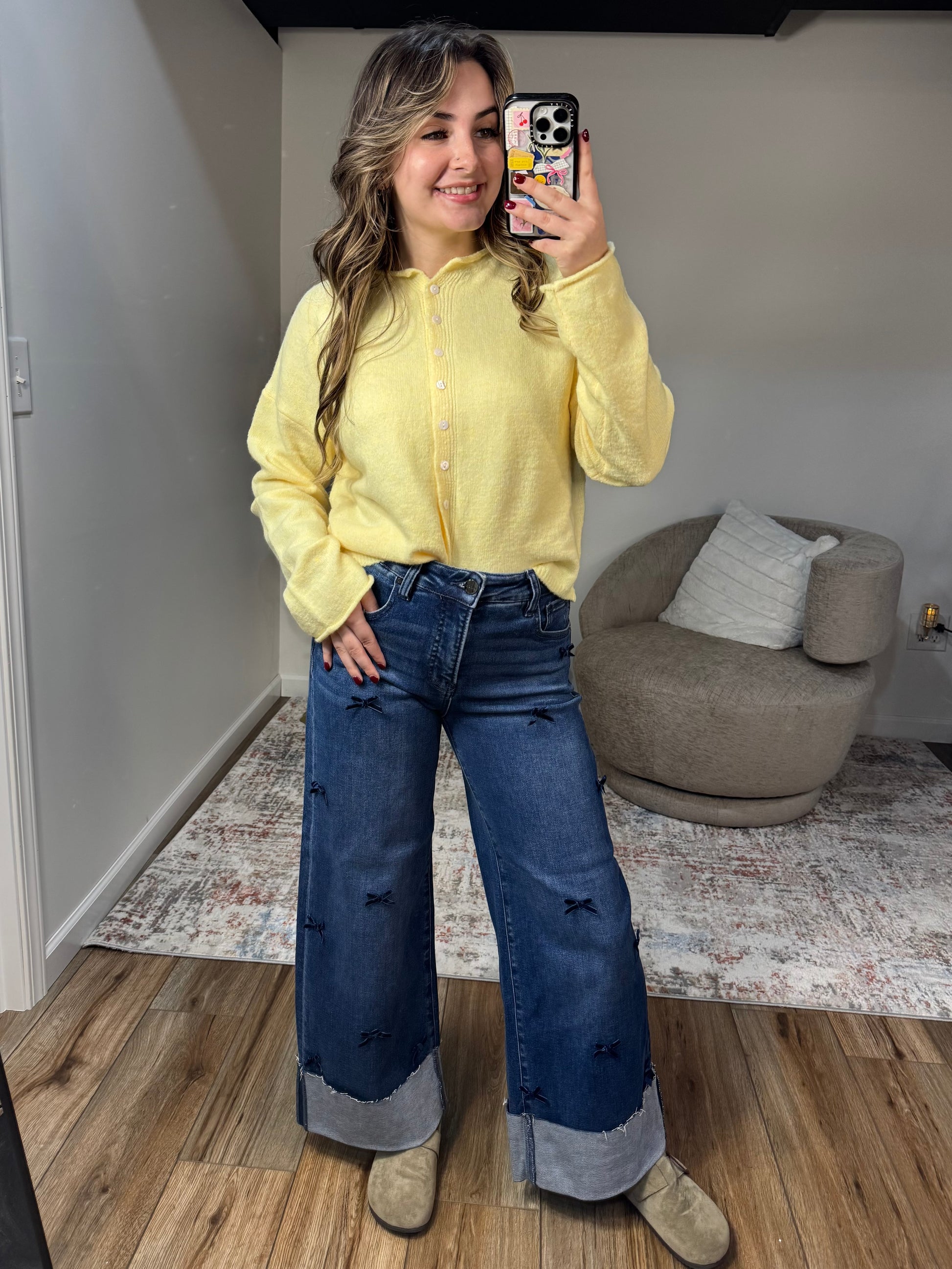 high rise wide leg cropped cuffed jeans with bows 