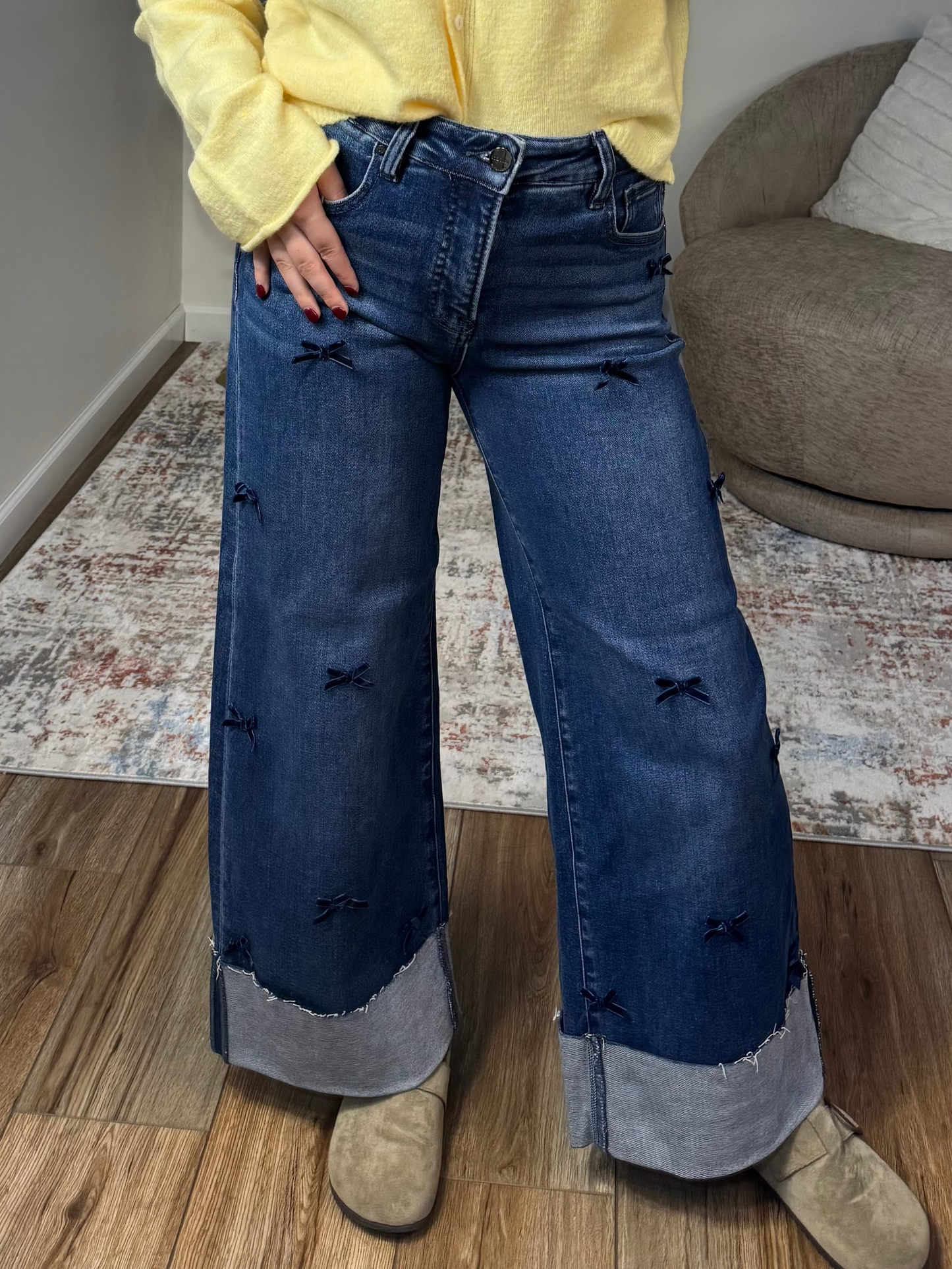 high rise wide leg cropped cuffed jeans with bows 