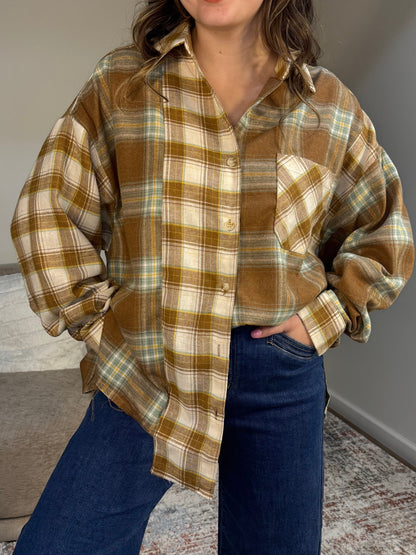 sage brown patchwork flannel shirt 