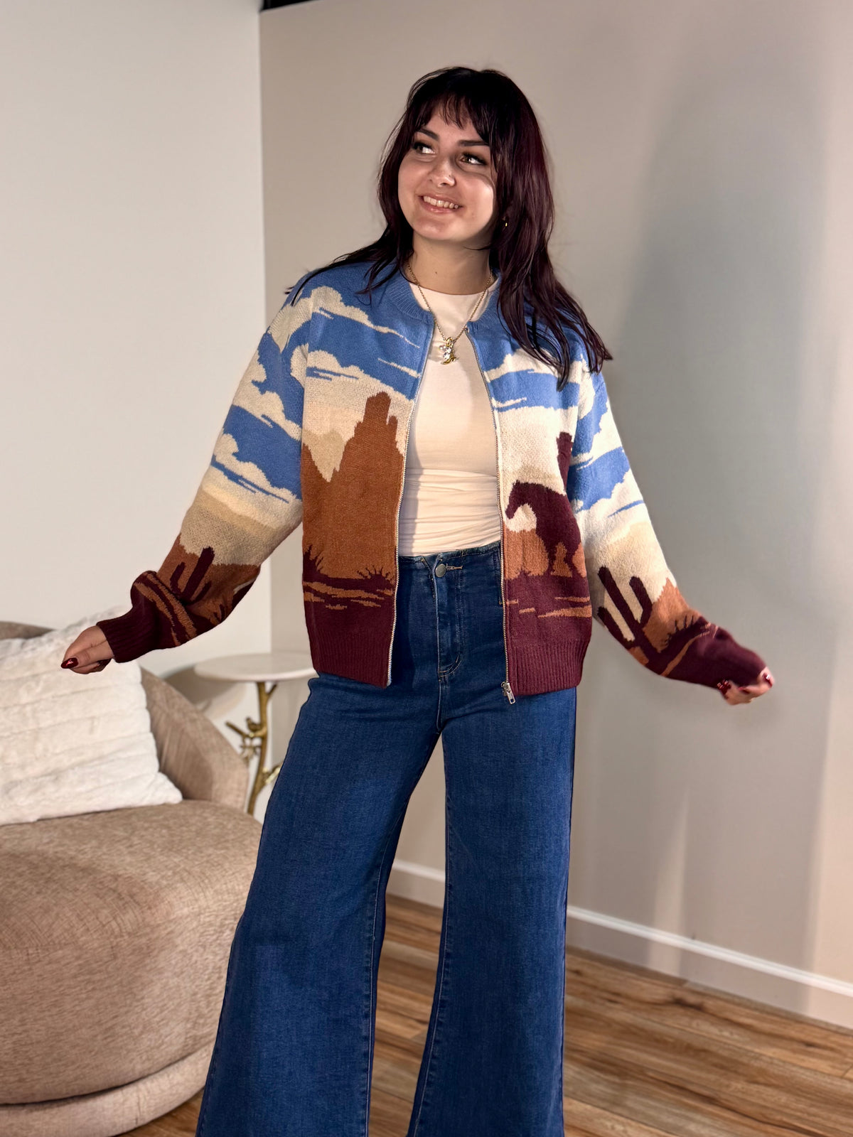Sienna Desert Jacquard Bomber Sweater, Multi-Color