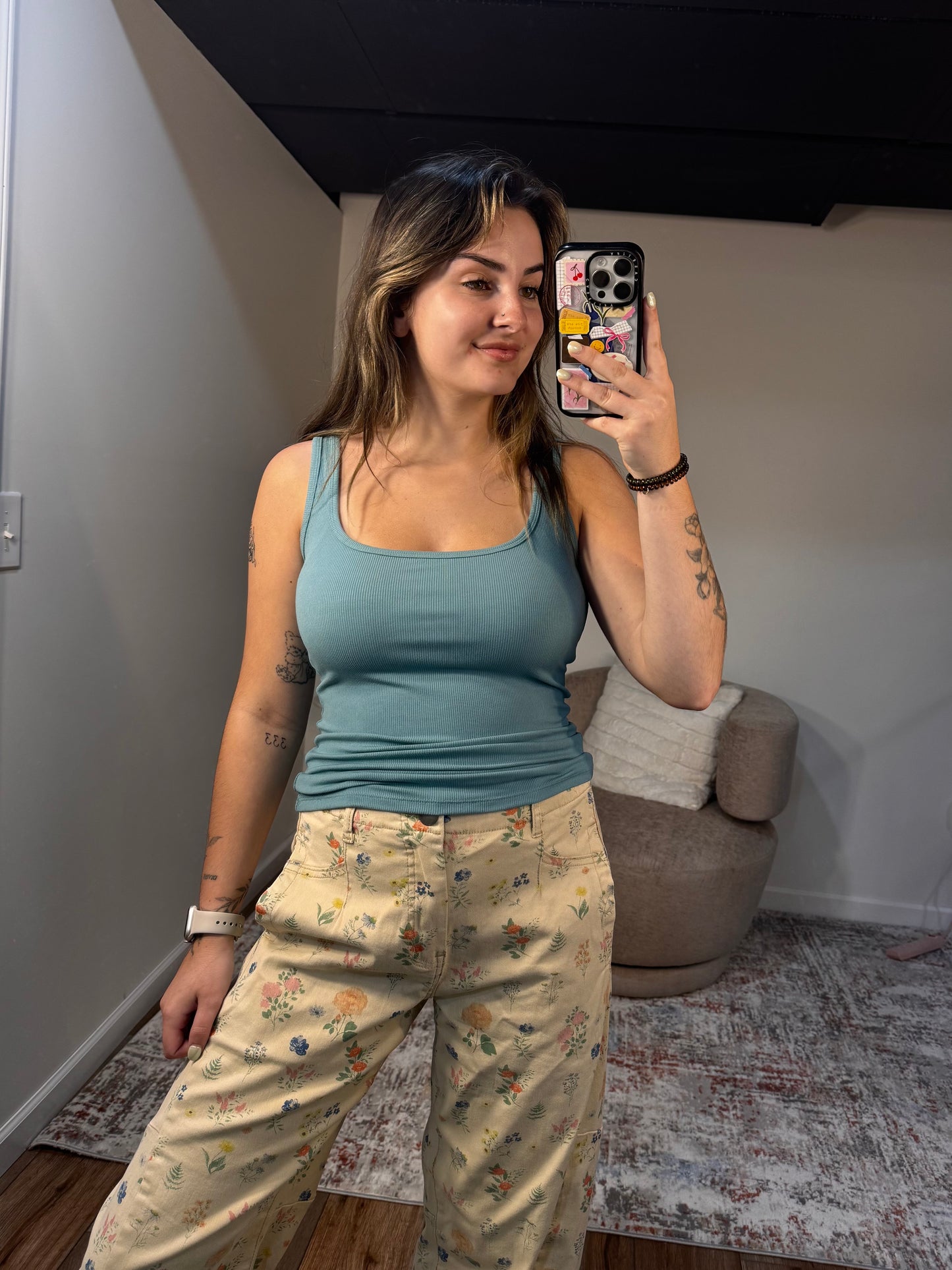 teal square neck ribbed tank 