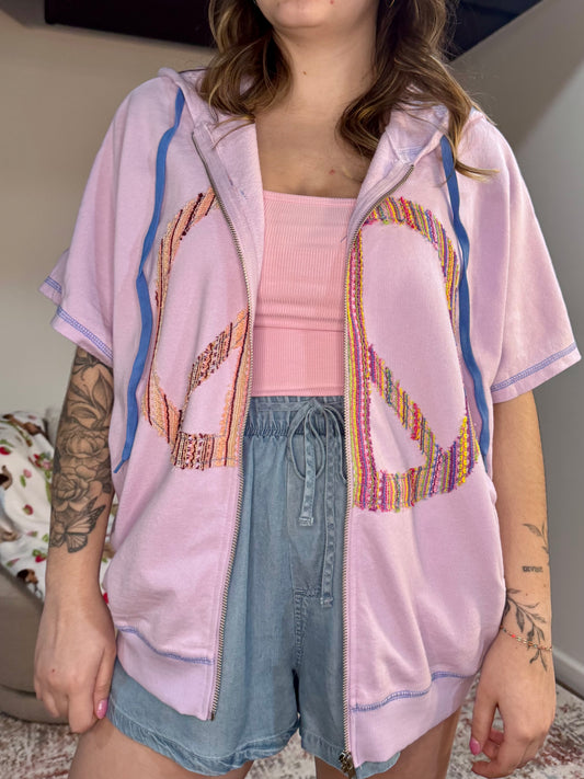Light Purple Peace  Patch Zip Up Short Sleeve Hoodie