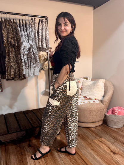 Leopard Print Barrel Pants with Crochet Floral Patches