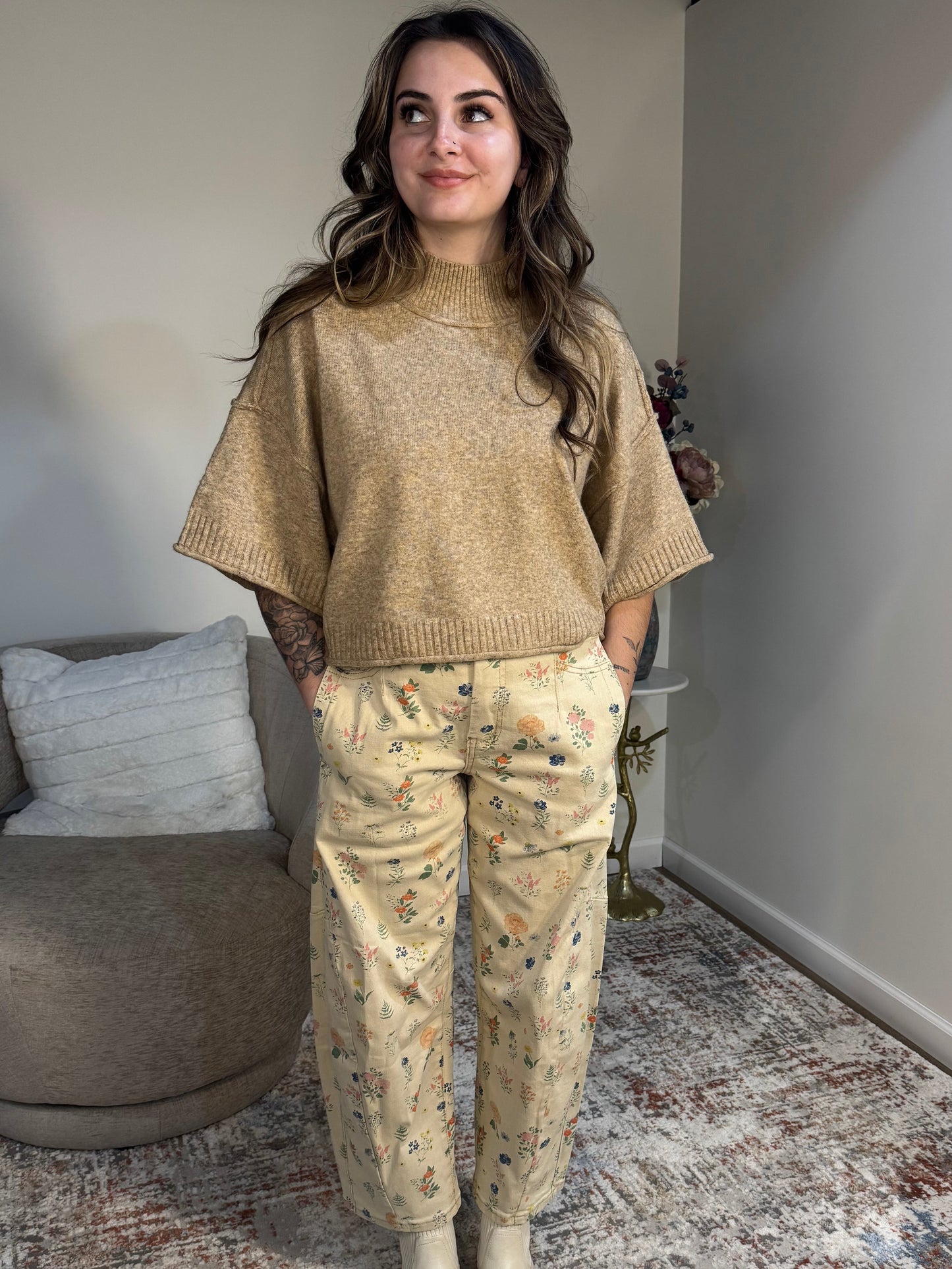  Mock Neck Short Sleeve Cropped Sweater Top mocha mousse