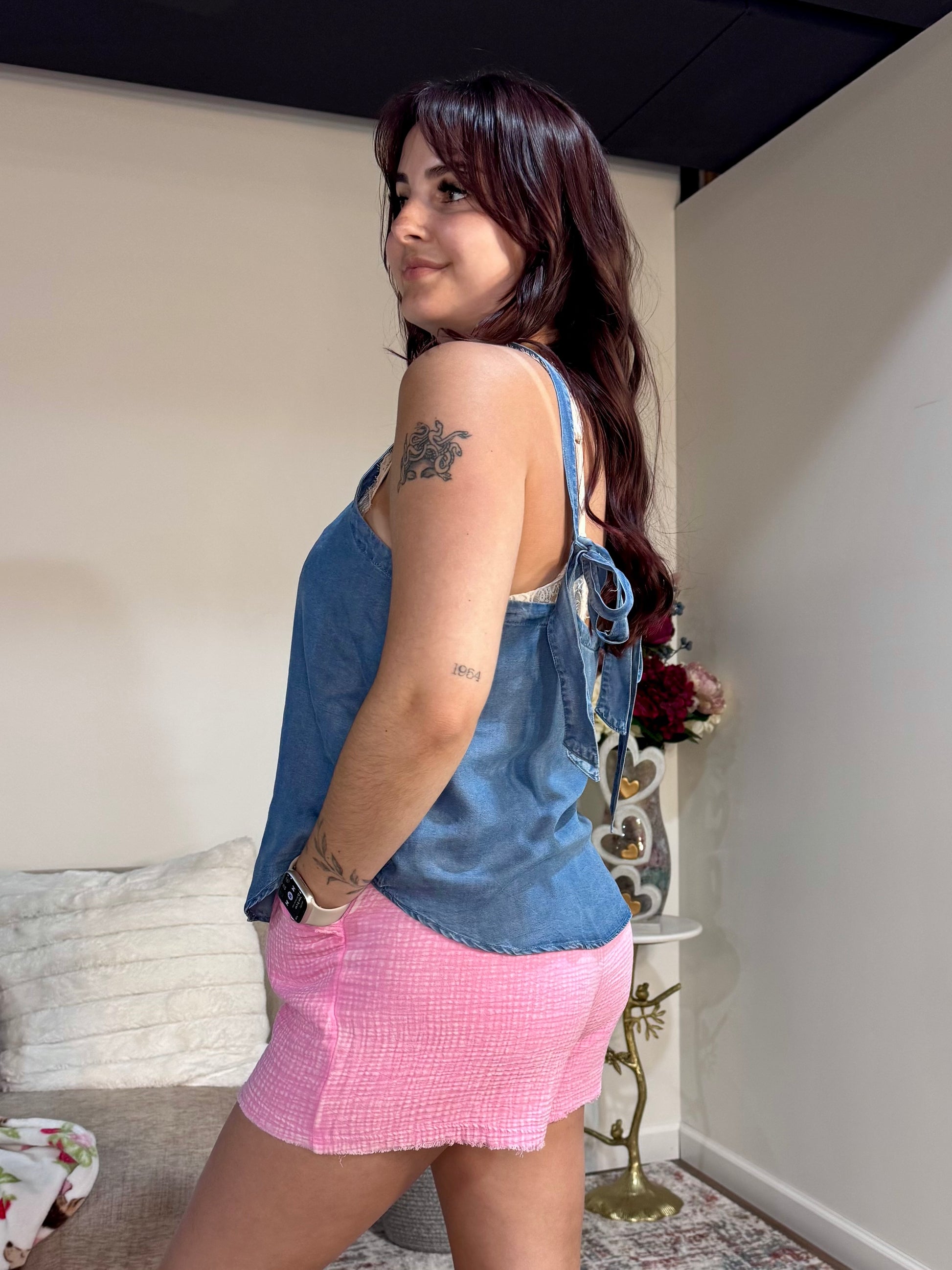 Amber Mineral Wash Denim Tank with Back Ties