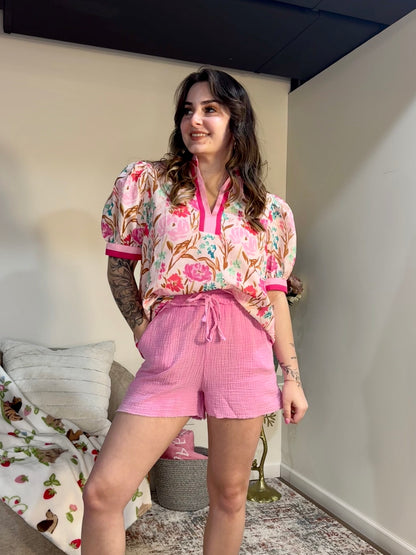 Pink Floral Puff Sleeve Contrast Trim Blouse