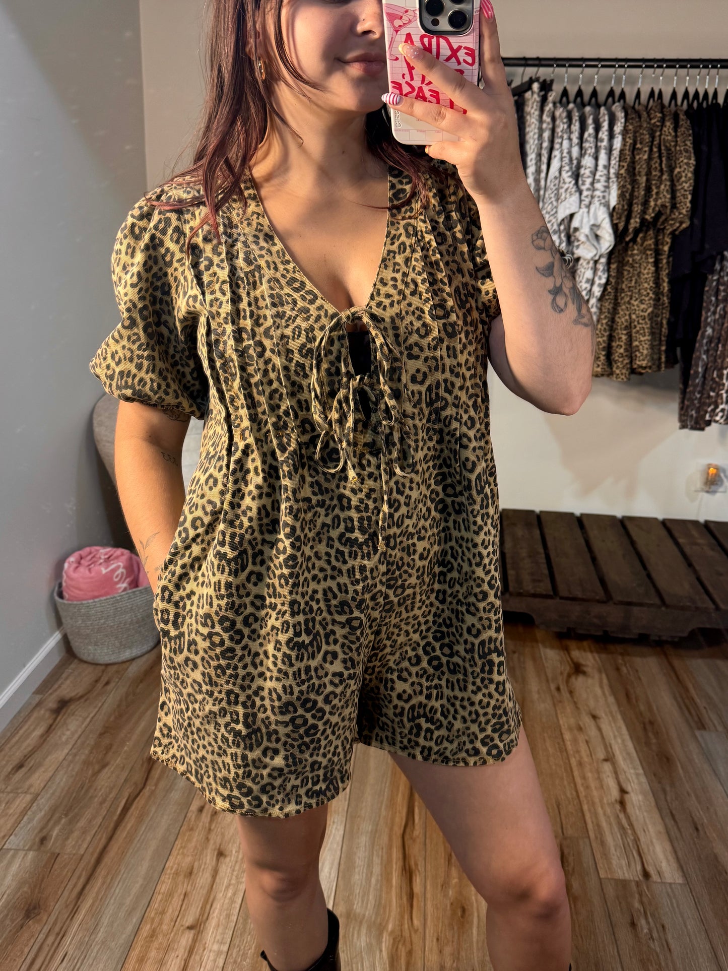 Leopard Print Denim Romper with Pleat and Tie