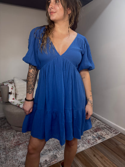 v neck puff sleeve tiered blue dress