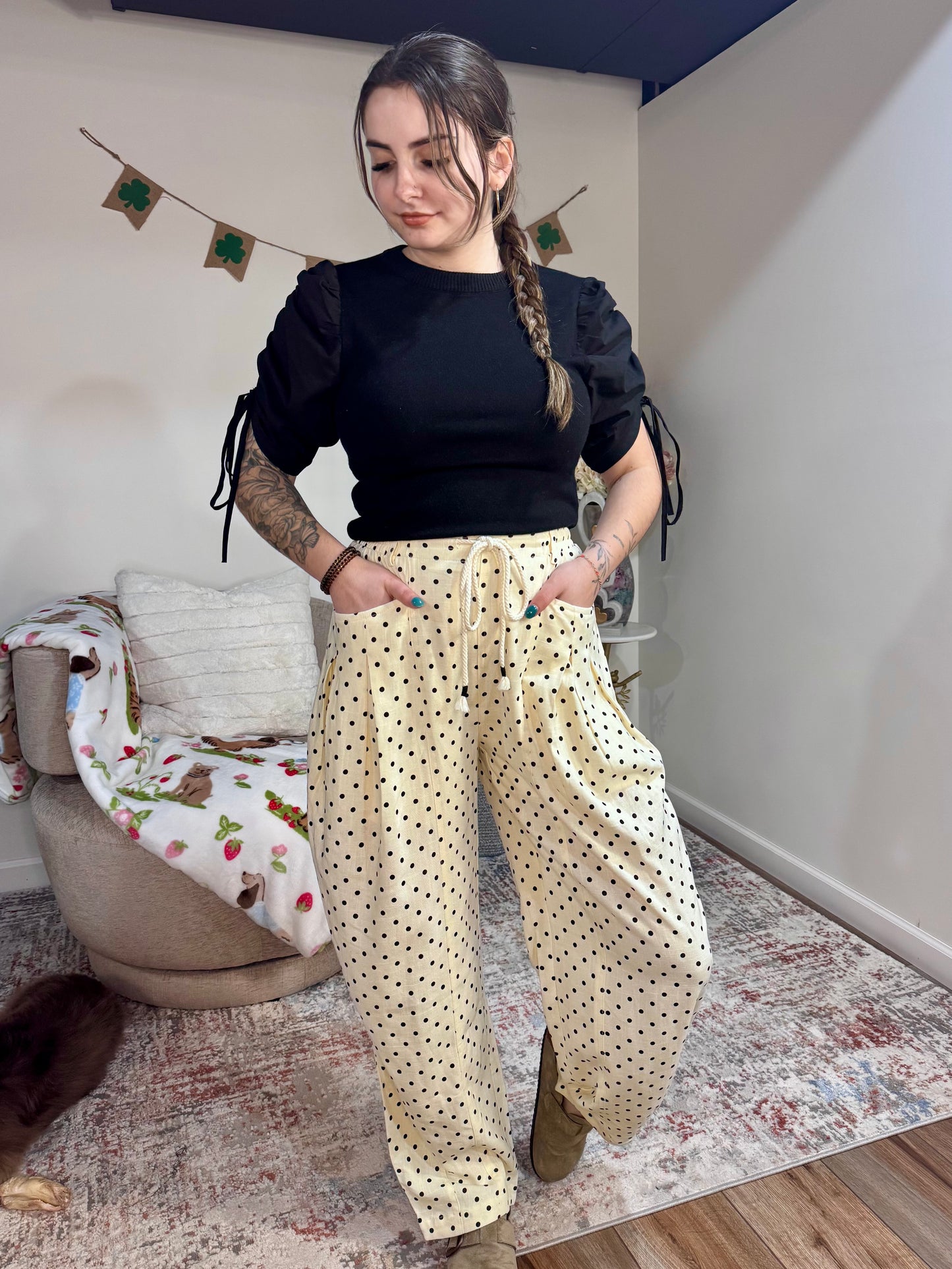 cream and black polka dot tie waist linen barrel spring womens' pants