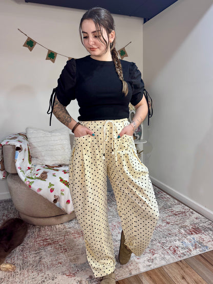 cream and black polka dot tie waist linen barrel spring womens' pants